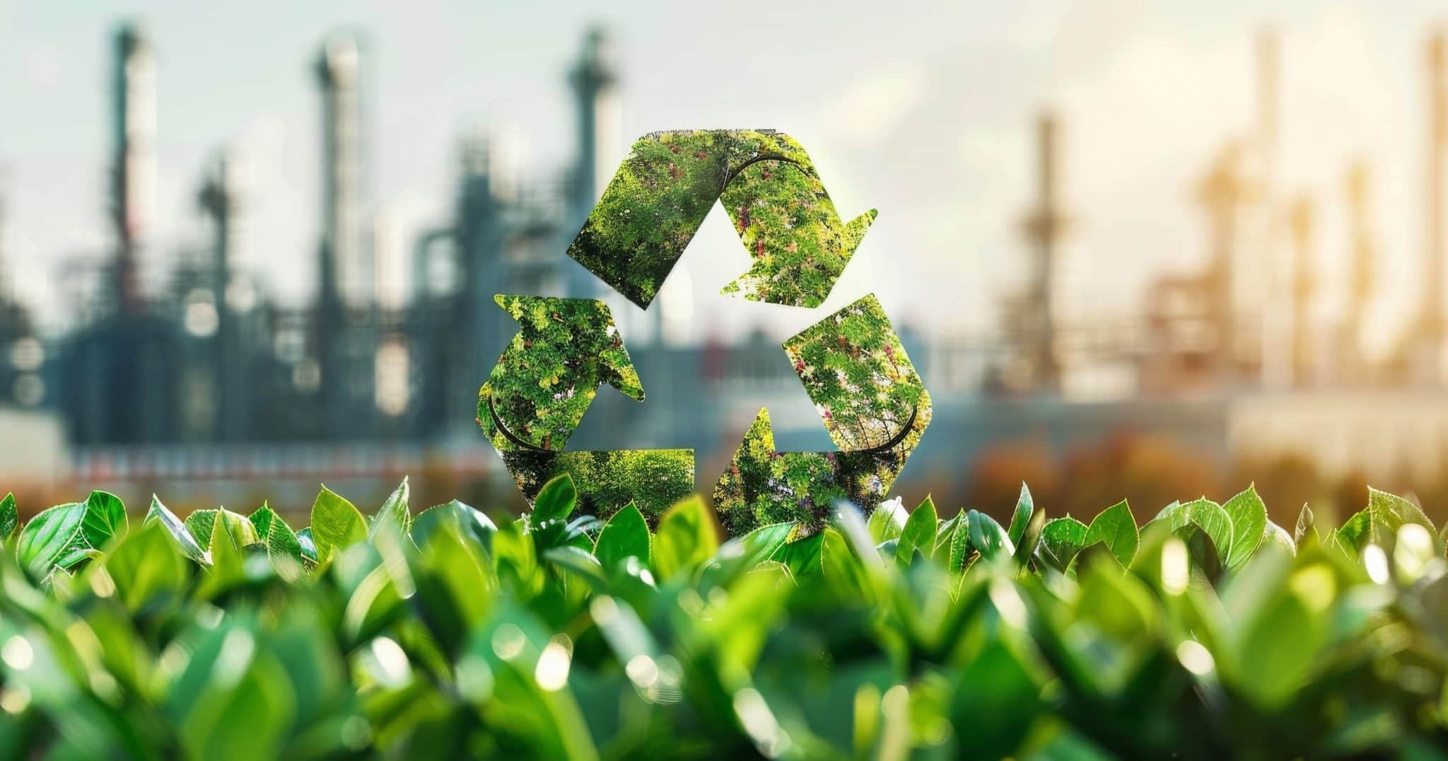 Recycling symbol made of foliage with green leaves in the foreground and an industrial plant in the background, symbolizing sustainable industry